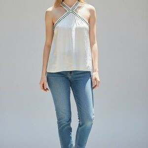 Ramy Brook Ivory Beaded Halter Top ✨ Cross Neck Embellished Blouse Size M/M